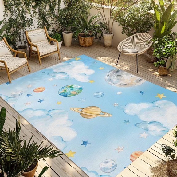 Outdoor Area Rug for Patio, Fantasy Universe Planet Cloud Camping Rugs Indoor Large Floor Mat 3x5ft, Blue and Yellow Stars Outside Carpet for Deck RV Picnic Porch Backyard Bedroom Living Room