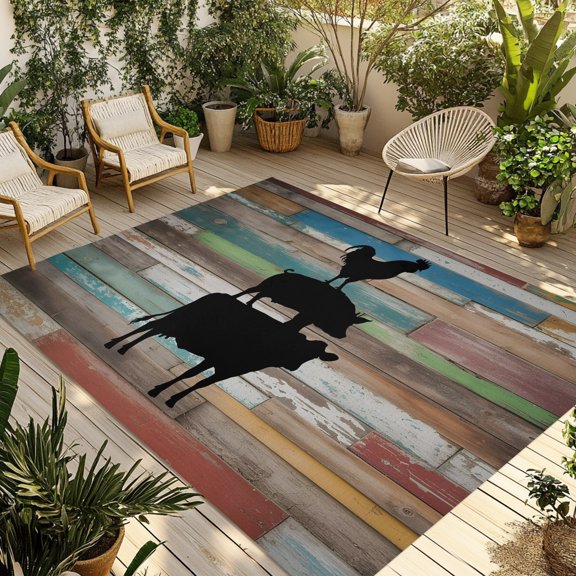 Outdoor Area Rug for Patio, Farm Animal Silhouette Cow Pig Chick Camping Rugs Indoor Large Floor Mat 4x6ft, Retro Wood Grain Outside Carpet for Deck RV Picnic Porch Backyard Bedroom Living Room