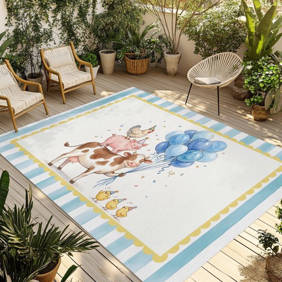 Outdoor Area Rug for Patio, Farm Animals Cattle Pig Hen Camping Rugs Indoor Large Floor Mat 3x5ft, Cute Chick Blue Balloon Outside Carpet for Deck RV Picnic Porch Backyard Bedroom Living Room