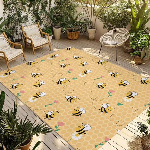 Outdoor Area Rug for Patio, Farm Seamless Bees Flower Camping Rugs Indoor Large Floor Mat 3x5ft, Rustic Yellow Honeycomb Outside Carpet for Deck RV Picnic Porch Backyard Bedroom Living Room