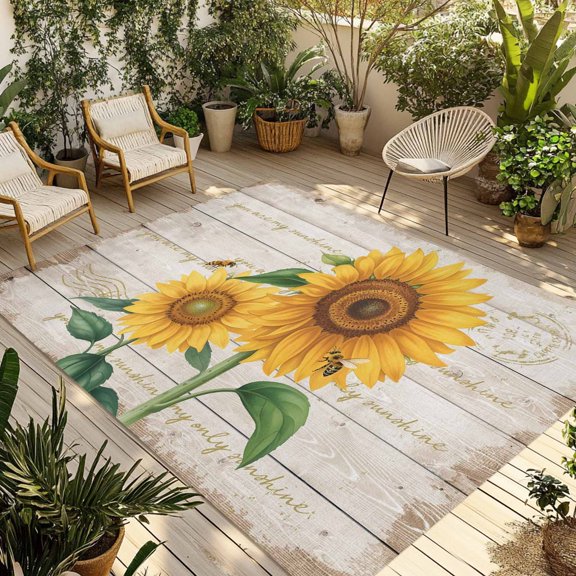 Outdoor Area Rug for Patio, Farm Sunflower Bee Wooden Plank Camping Rugs Indoor Large Floor Mat 3x5ft, Sunshine Quote Outside Carpet for Deck RV Picnic Porch Backyard Bedroom Living Room