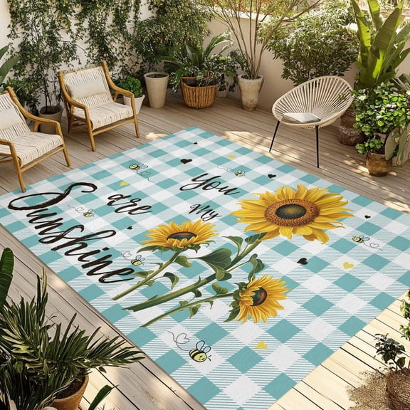 Outdoor Area Rug for Patio, Farm Sunflower Sunshine Word Camping Rugs Indoor Large Floor Mat 4x6ft, Bees Floral Teal Checker Outside Carpet for Deck RV Picnic Porch Backyard Bedroom Living Room