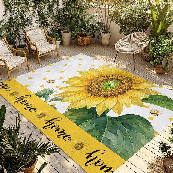 Outdoor Area Rug for Patio, Farm Sunflowers Bees Camping Rugs Indoor Large Floor Mat 3x5ft, Yellow Point Background Outside Carpet for Deck RV Picnic Porch Backyard Bedroom Living Room