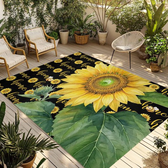 Outdoor Area Rug for Patio, Farm Sunflowers Bees Camping Rugs Indoor Large Floor Mat 4x6ft, Home Words Background Outside Carpet for Deck RV Picnic Porch Backyard Bedroom Living Room