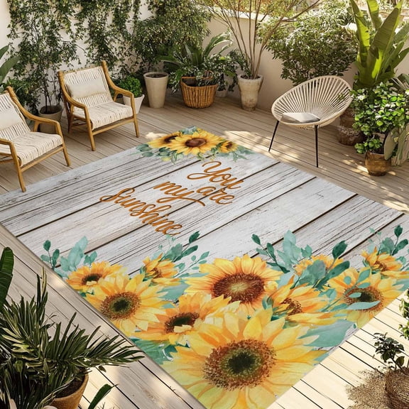 Outdoor Area Rug for Patio, Farm Watercolor Sunflower Wood Grain Camping Rugs Indoor Large Floor Mat 4x6ft, Rustic Sunshine Quote Outside Carpet for Deck RV Picnic Porch Backyard Bedroom Living Room