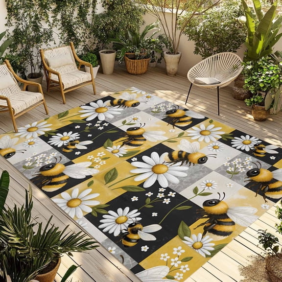 Outdoor Area Rug for Patio, Farm White Daisy Bees Camping Rugs Indoor Large Floor Mat 4x6ft, Yellow Black Plaid Background Outside Carpet for Deck RV Picnic Porch Backyard Bedroom Living Room