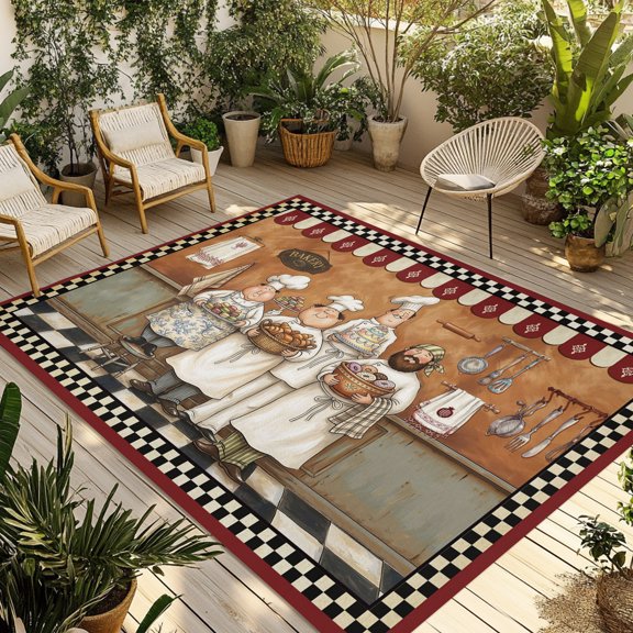 Outdoor Area Rug for Patio, Farmhouse Cartoon Chef Camping Rugs Indoor Large Floor Mat 4x6ft, Cooking Theme Black White Checkered Outside Carpet for Deck RV Picnic Porch Backyard Bedroom Living Room