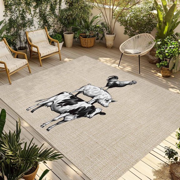 Outdoor Area Rug for Patio, Farmhouse Chick Pig Cow Animal Camping Rugs Indoor Large Floor Mat 4x6ft, Vintage Burlap Linen Outside Carpet for Deck RV Picnic Porch Backyard Bedroom Living Room