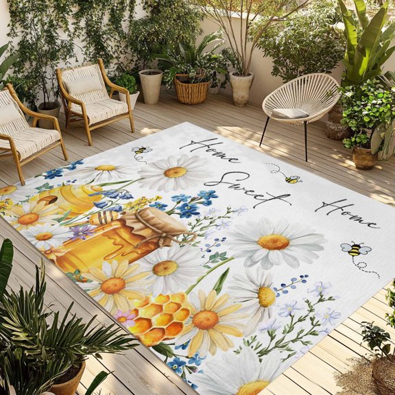 Outdoor Area Rug for Patio, Farmhouse Daisy Wildflower Bees Camping Rugs Indoor Large Floor Mat 3x5ft, Sweet Home Quote Outside Carpet for Deck RV Picnic Porch Backyard Bedroom Living Room