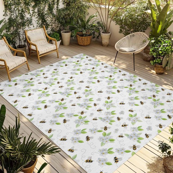 Outdoor Area Rug for Patio, Farmhouse Green Leaves Camping Rugs Indoor Large Floor Mat 4x6ft, Country Animal Bees Pattern Outside Carpet for Deck RV Picnic Porch Backyard Bedroom Living Room