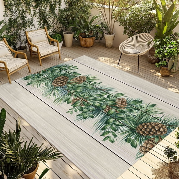 Outdoor Area Rug for Patio, Farmhouse Pine Needle Pinecone Camping Rugs Indoor Large Floor Mat 3x5ft, Rustic Retro Wood Grain Outside Carpet for Deck RV Picnic Porch Backyard Bedroom Living Room