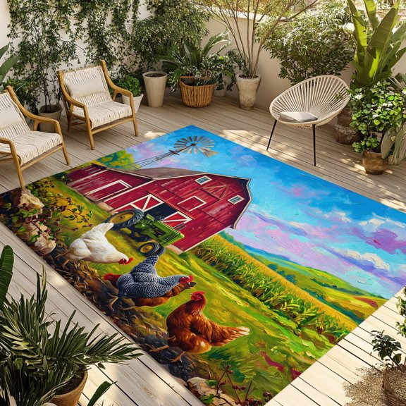 Outdoor Area Rug for Patio, Farmhouse Red Barn Chicken Camping Rugs Indoor Large Floor Mat 3x5ft, Green Tractor Outside Carpet for Deck RV Picnic Porch Backyard Bedroom Living Room