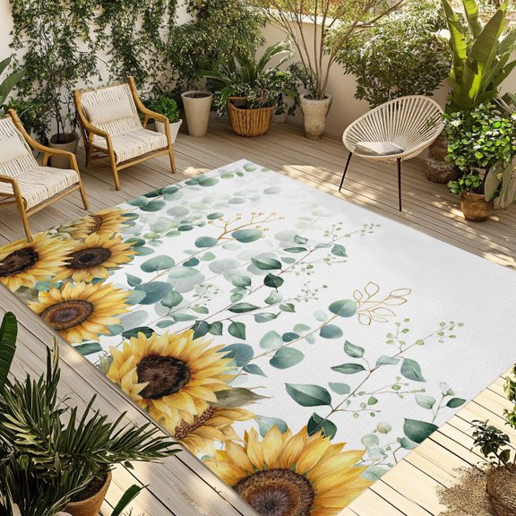 Outdoor Area Rug for Patio, Farmhouses Sunflower Leaves Camping Rugs Indoor Large Floor Mat 4x6ft, Rustic Eucalyptus Leaf Outside Carpet for Deck RV Picnic Porch Backyard Bedroom Living Room