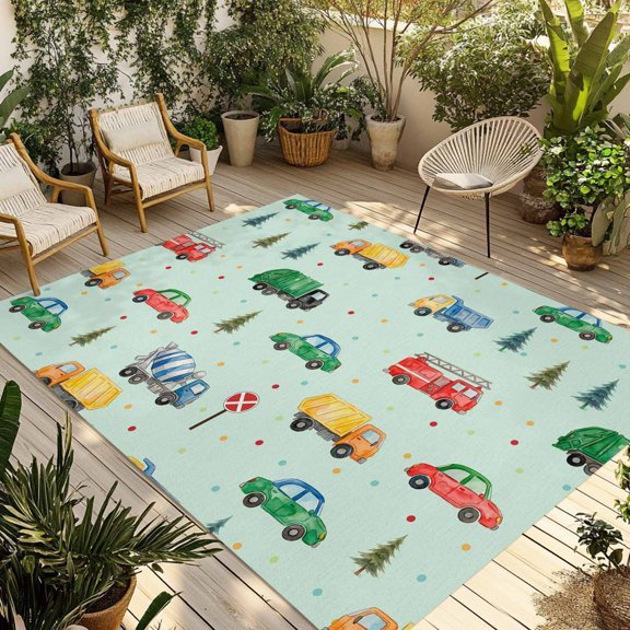 Outdoor Area Rug for Patio, Fire Trucks Engineering Vehicles Trees Cars Camping Rugs Indoor Large Floor Mat 4x6ft, Wave Points Outside Carpet for Deck RV Picnic Porch Backyard Bedroom Living Room