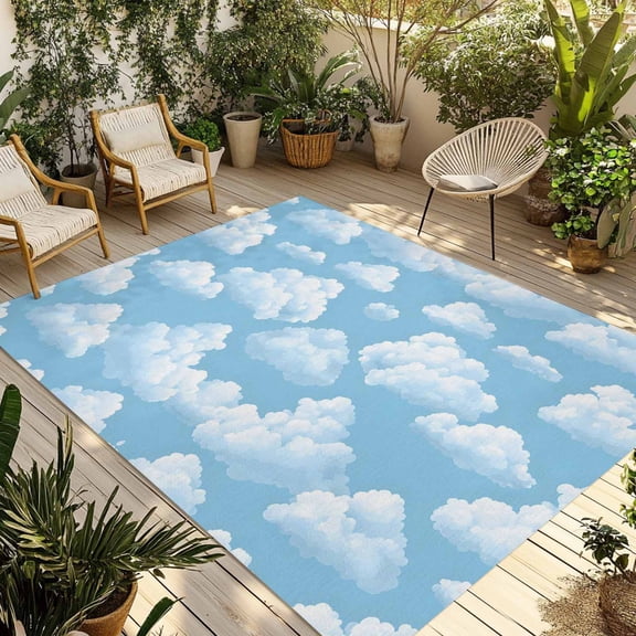 Outdoor Area Rug for Patio, Fluffy White Clouds Camping Rugs Indoor Large Floor Mat 4x6ft, Symmetrical Blue Sky Pattern Outside Carpet for Deck RV Picnic Porch Backyard Bedroom Living Room