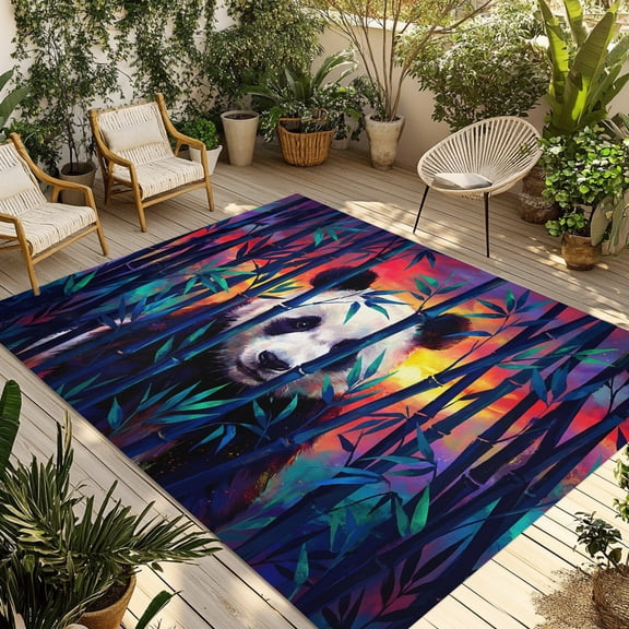 Outdoor Area Rug for Patio, Funny Animal Giant Panda Camping Rugs Indoor Large Floor Mat 4x6ft, Green Plants Bamboos Outside Carpet for Deck RV Picnic Porch Backyard Bedroom Living Room