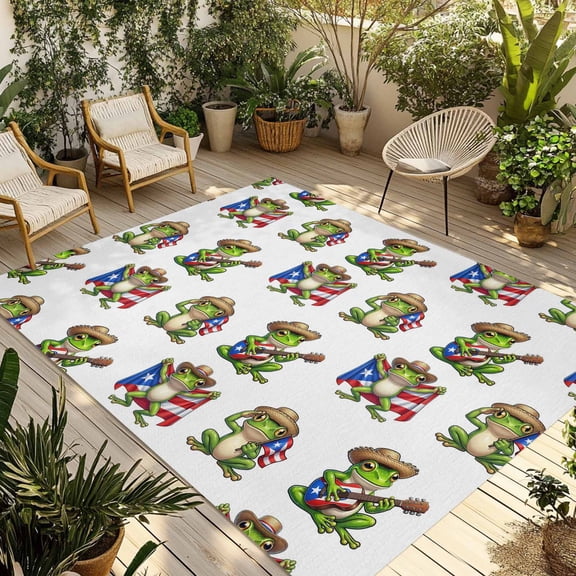 Outdoor Area Rug for Patio, Green Frog Puerto Rico Flags Camping Rugs Indoor Large Floor Mat 4x6ft, Funny Animal Guitar Outside Carpet for Deck RV Picnic Porch Backyard Bedroom Living Room