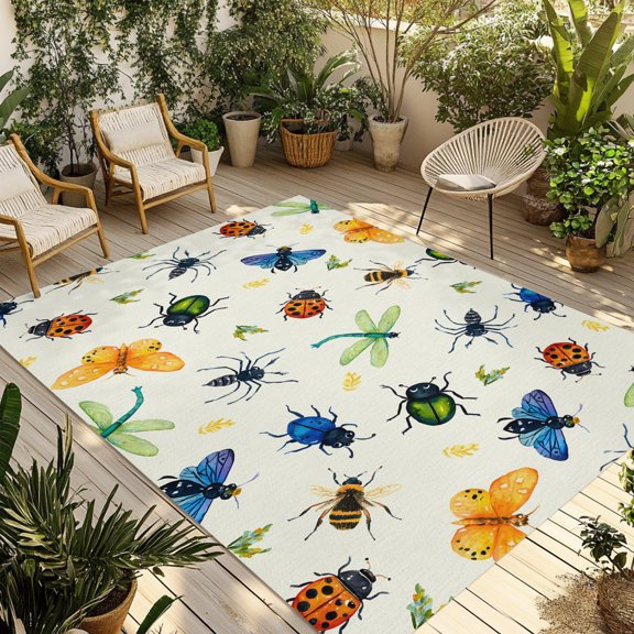 Outdoor Area Rug for Patio, Insects Ladybirds Spiders Camping Rugs Indoor Large Floor Mat 4x6ft, Dragonflies Butterflies Outside Carpet for Deck RV Picnic Porch Backyard Bedroom Living Room