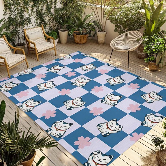 Outdoor Area Rug for Patio, Japanese Cute Kitty Camping Rugs Indoor Large Floor Mat 4x6ft, Lucky Cat on Blue Plaid Outside Carpet for Deck RV Picnic Porch Backyard Bedroom Living Room