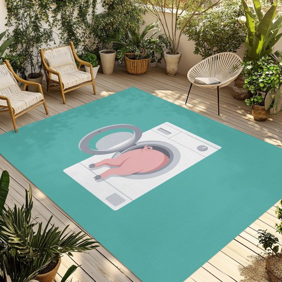 Outdoor Area Rug for Patio, Laundry Room Pink Pig Washing Machine Camping Rugs Indoor Large Floor Mat 4x6ft, Teal Background Outside Carpet for Deck RV Picnic Porch Backyard Bedroom Living Room