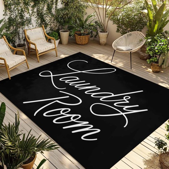 Outdoor Area Rug for Patio, Laundry Room Words Camping Rugs Indoor Large Floor Mat 4x6ft, Black Background Outside Carpet for Deck RV Picnic Porch Backyard Bedroom Living Room