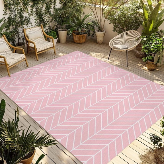Outdoor Area Rug for Patio, Minimalist Geometric Pink White Camping Rugs Indoor Large Floor Mat 4x6ft, Herringbone Texture Outside Carpet for Deck RV Picnic Porch Backyard Bedroom Living Room