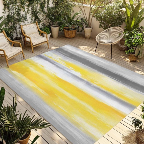 Outdoor Area Rug for Patio, Modern Abstract Canvas Art Camping Rugs Indoor Large Floor Mat 3x5ft, Yellow Gray Striped Outside Carpet for Deck RV Picnic Porch Backyard Bedroom Living Room
