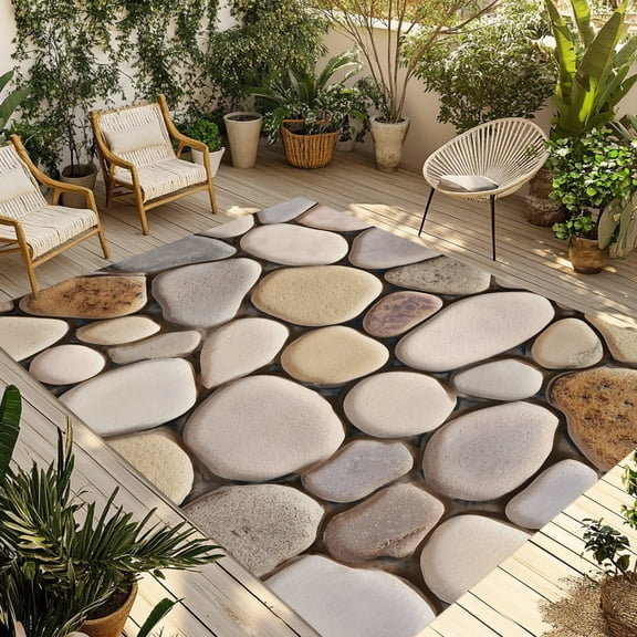 Outdoor Area Rug for Patio, Modern Cobblestone Texture Art Camping Rugs Indoor Large Floor Mat 4x6ft, Seamless Brown Pebble Stone Outside Carpet for Deck RV Picnic Porch Backyard Bedroom Living Room