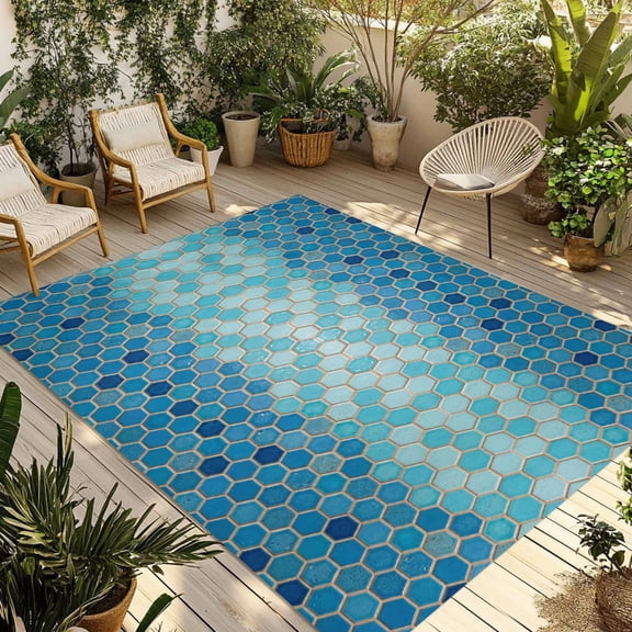 Outdoor Area Rug for Patio, Modern Geometric Hexagon Camping Rugs Indoor Large Floor Mat 3x5ft, Blue Teal Ombre Honeycomb Grid Outside Carpet for Deck RV Picnic Porch Backyard Bedroom Living Room