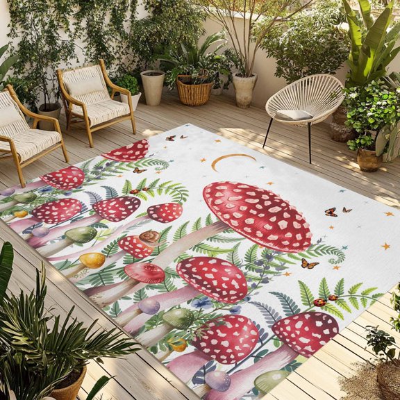 Outdoor Area Rug for Patio, Mushroom Butterfly Ladybug Camping Rugs Indoor Large Floor Mat 3x5ft, Watercolor Plant Outside Carpet for Deck RV Picnic Porch Backyard Bedroom Living Room