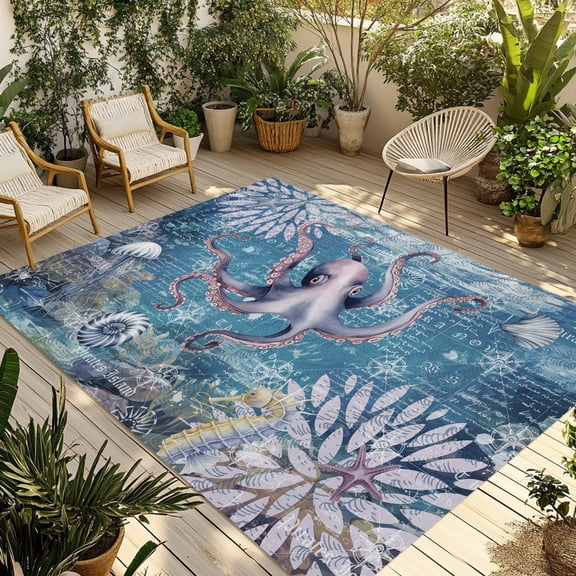 Outdoor Area Rug for Patio, Nautical Octopus Seahorse Starfish Camping Rugs Indoor Large Floor Mat 3x5ft, Ocean Sealife on Map Outside Carpet for Deck RV Picnic Porch Backyard Bedroom Living Room