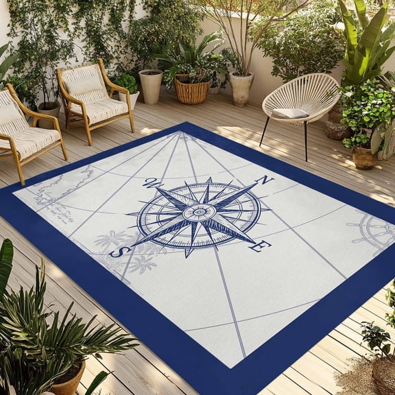 Outdoor Area Rug for Patio, Nautical Vintage Compass Rudder Camping Rugs Indoor Large Floor Mat 3x5ft, Blue Line on Map Outside Carpet for Deck RV Picnic Porch Backyard Bedroom Living Room