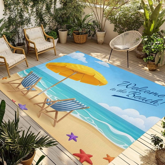 Outdoor Area Rug for Patio, Ocean Beach Blue Sky Loungers Camping Rugs Indoor Large Floor Mat 4x6ft, Sun Umbrella Starfish Outside Carpet for Deck RV Picnic Porch Backyard Bedroom Living Room
