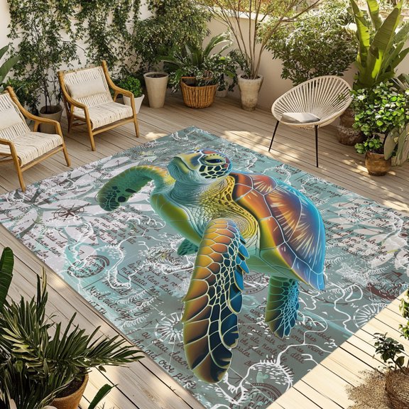 Outdoor Area Rug for Patio, Ocean Sea Turtle Nautical Map Camping Rugs Indoor Large Floor Mat 3x5ft, Underwater Marine Life Outside Carpet for Deck RV Picnic Porch Backyard Bedroom Living Room