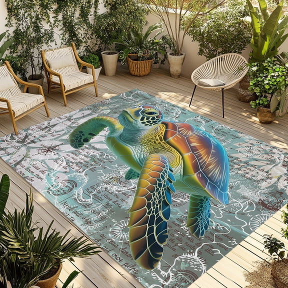 Outdoor Area Rug for Patio, Ocean Sea Turtle Nautical Map Camping Rugs Indoor Large Floor Mat 4x6ft, Underwater Marine Life Outside Carpet for Deck RV Picnic Porch Backyard Bedroom Living Room