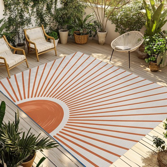 Outdoor Area Rug for Patio, Orange Sun Lines Camping Rugs Indoor Large Floor Mat 4x6ft, Abstract Bohemian Sunset Outside Carpet for Deck RV Picnic Porch Backyard Bedroom Living Room
