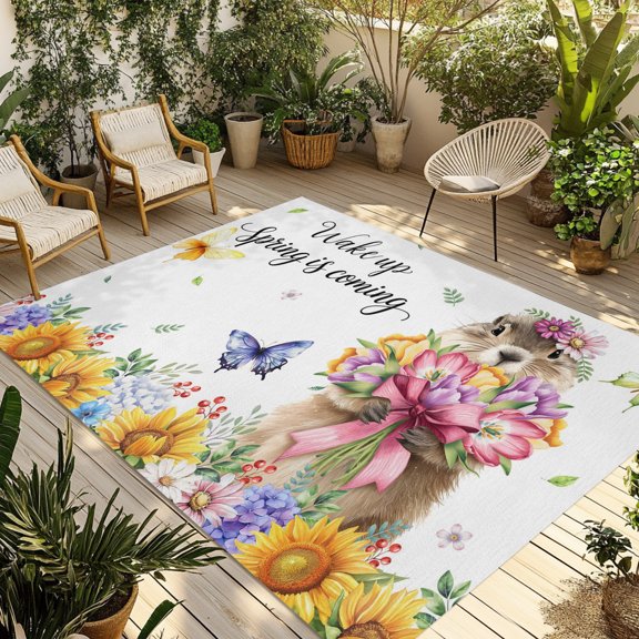 Outdoor Area Rug for Patio, Pastoral Groundhog Tulip Daisy Camping Rugs Indoor Large Floor Mat 3x5ft, Spring Flower Leaf Butterfly Outside Carpet for Deck RV Picnic Porch Backyard Bedroom Living Room