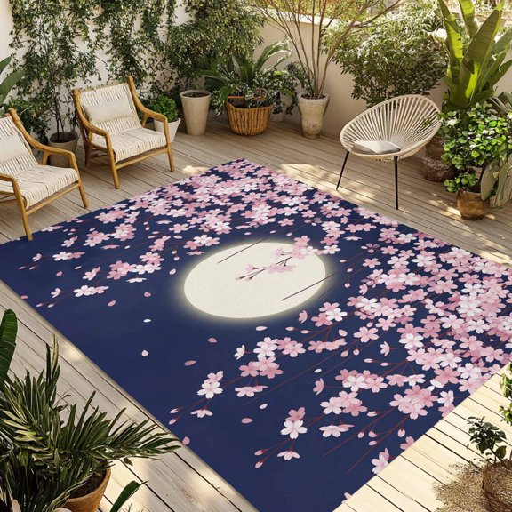 Outdoor Area Rug for Patio, Pink Cherry Blossoms Full Moon Camping Rugs Indoor Large Floor Mat 4x6ft, Japanese Floral Art Outside Carpet for Deck RV Picnic Porch Backyard Bedroom Living Room