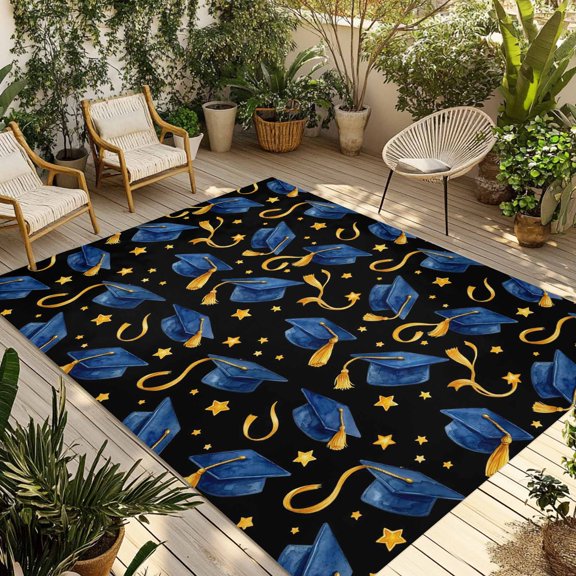 Outdoor Area Rug for Patio, Repeating Graduation Caps Camping Rugs Indoor Large Floor Mat 5x7ft, Stars and Tassels Outside Carpet for Deck RV Picnic Porch Backyard Bedroom Living Room