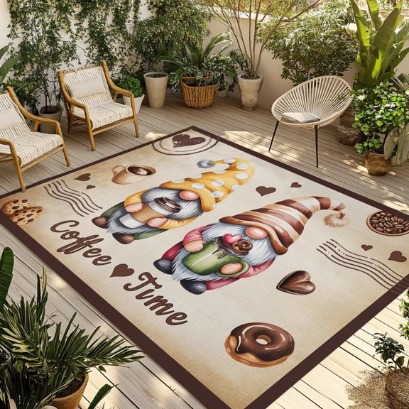 Outdoor Area Rug for Patio, Retro Countryside Gnomes Camping Rugs Indoor Large Floor Mat 3x5ft, Coffee Time Words on Linen Outside Carpet for Deck RV Picnic Porch Backyard Bedroom Living Room