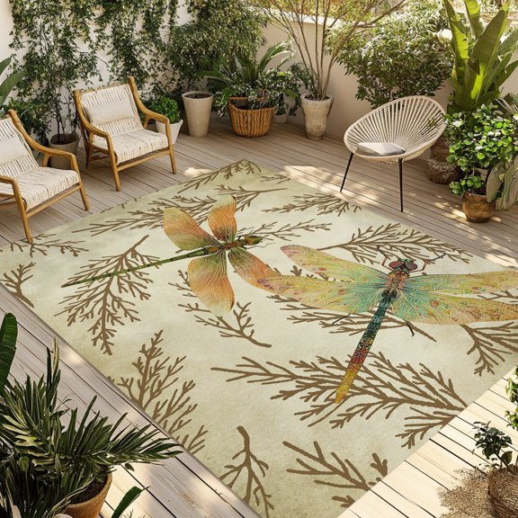 Outdoor Area Rug for Patio, Retro Dragonflies Branches on Brown Camping Rugs Indoor Large Floor Mat 3x5ft, Abstract Plants Outside Carpet for Deck RV Picnic Porch Backyard Bedroom Living Room