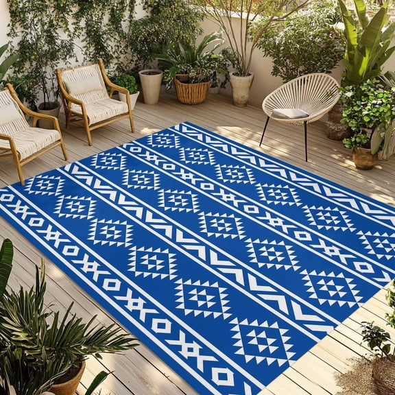 Outdoor Area Rug for Patio, Retro Ethnic Blue White Geometric Art Camping Rugs Indoor Large Floor Mat 4x6ft, Tribal Native Texture Outside Carpet for Deck RV Picnic Porch Backyard Bedroom Living Room