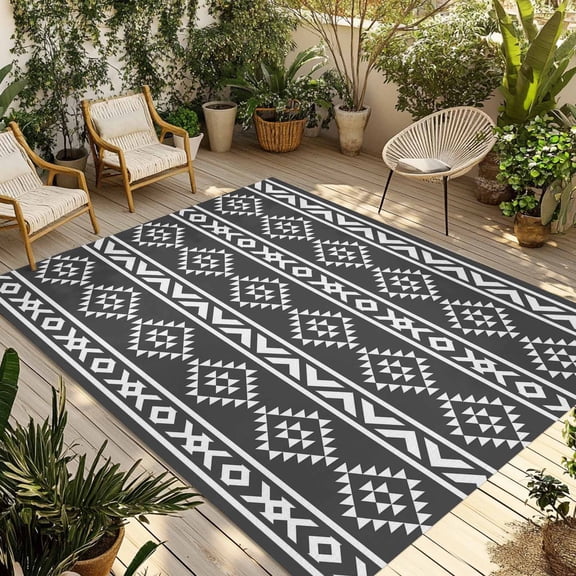 Outdoor Area Rug for Patio, Retro Ethnic Dark Gray Geometric Art Camping Rugs Indoor Large Floor Mat 4x6ft, Native Tribal Texture Outside Carpet for Deck RV Picnic Porch Backyard Bedroom Living Room