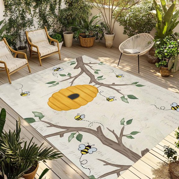 Outdoor Area Rug for Patio, Retro Farmhouses Bees Leaves Branches Camping Rugs Indoor Large Floor Mat 5x8ft, Farm Botantical Outside Carpet for Deck RV Picnic Porch Backyard Bedroom Living Room