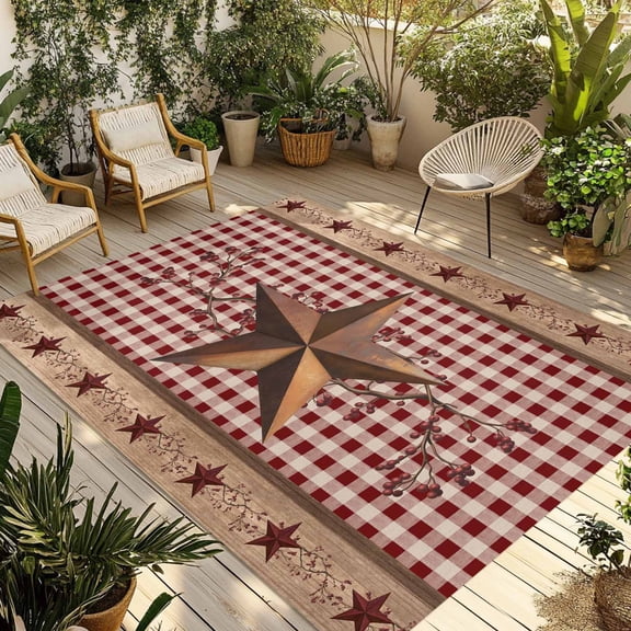 Outdoor Area Rug for Patio, Retro Texas Country Star Berry Camping Rugs Indoor Large Floor Mat 3x5ft, Red Buffalo Plaid Wood Plank Outside Carpet for Deck RV Picnic Porch Backyard Bedroom Living Room