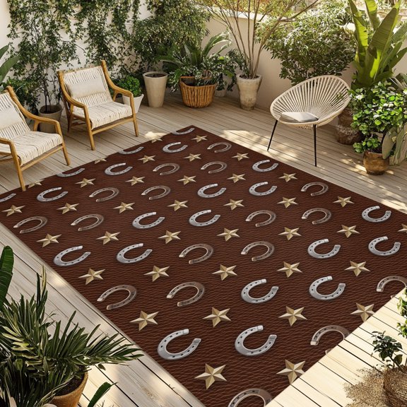Outdoor Area Rug for Patio, Retro Western Horse-footed Iron on Brown Camping Rugs Indoor Large Floor Mat 4x6ft, Yellow Star Outside Carpet for Deck RV Picnic Porch Backyard Bedroom Living Room