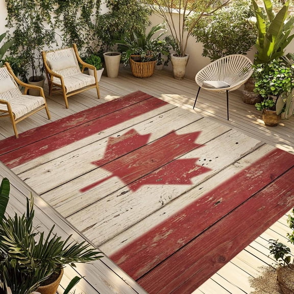 Outdoor Area Rug for Patio, Retro Wooden Stripes Maple Leafs Camping Rugs Indoor Large Floor Mat 4x6ft, Country Red Brown Plank Outside Carpet for Deck RV Picnic Porch Backyard Bedroom Living Room
