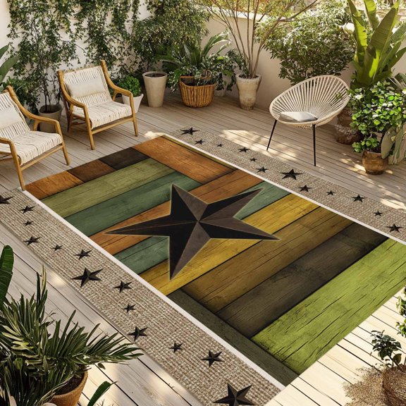 Outdoor Area Rug for Patio, Rustic Barn Star Camping Rugs Indoor Large Floor Mat 3x5ft, Retro Farm Wood Planks Border Outside Carpet for Deck RV Picnic Porch Backyard Bedroom Living Room