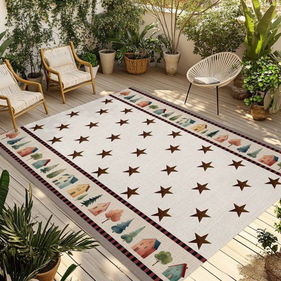 Outdoor Area Rug for Patio, Rustic Country Towns Illustration Camping Rugs Indoor Large Floor Mat 4x6ft, Brown Stars Tree House Outside Carpet for Deck RV Picnic Porch Backyard Bedroom Living Room
