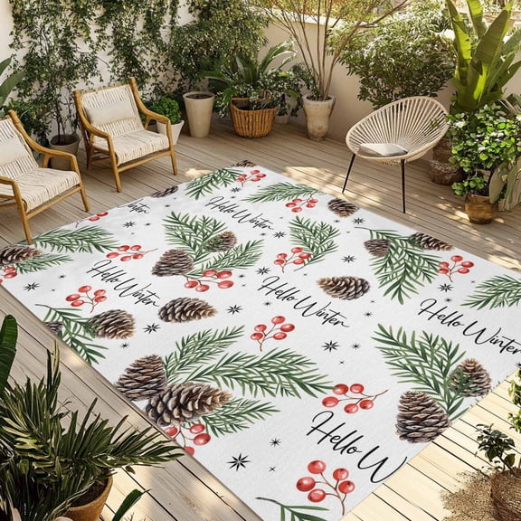 Outdoor Area Rug for Patio, Rustic Pinecone Berry Leaf Camping Rugs Indoor Large Floor Mat 4x6ft, Seamless Watercolor Winter Plant Outside Carpet for Deck RV Picnic Porch Backyard Bedroom Living Room